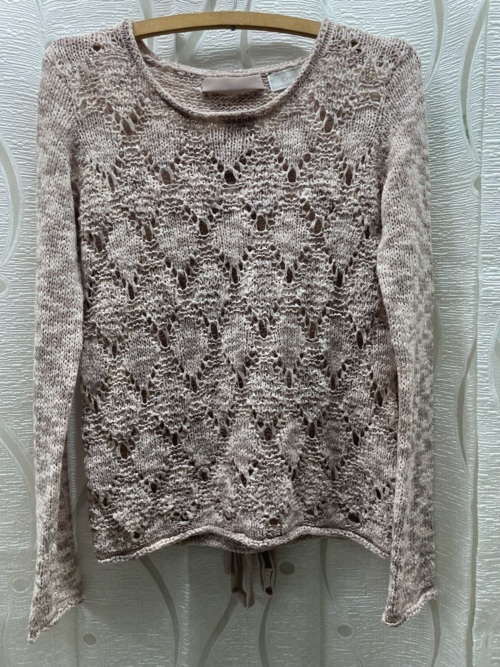 Cream Rene Sweater Womens Small Taupe‎ Excellent Lace Up Back Pointelle Knit
